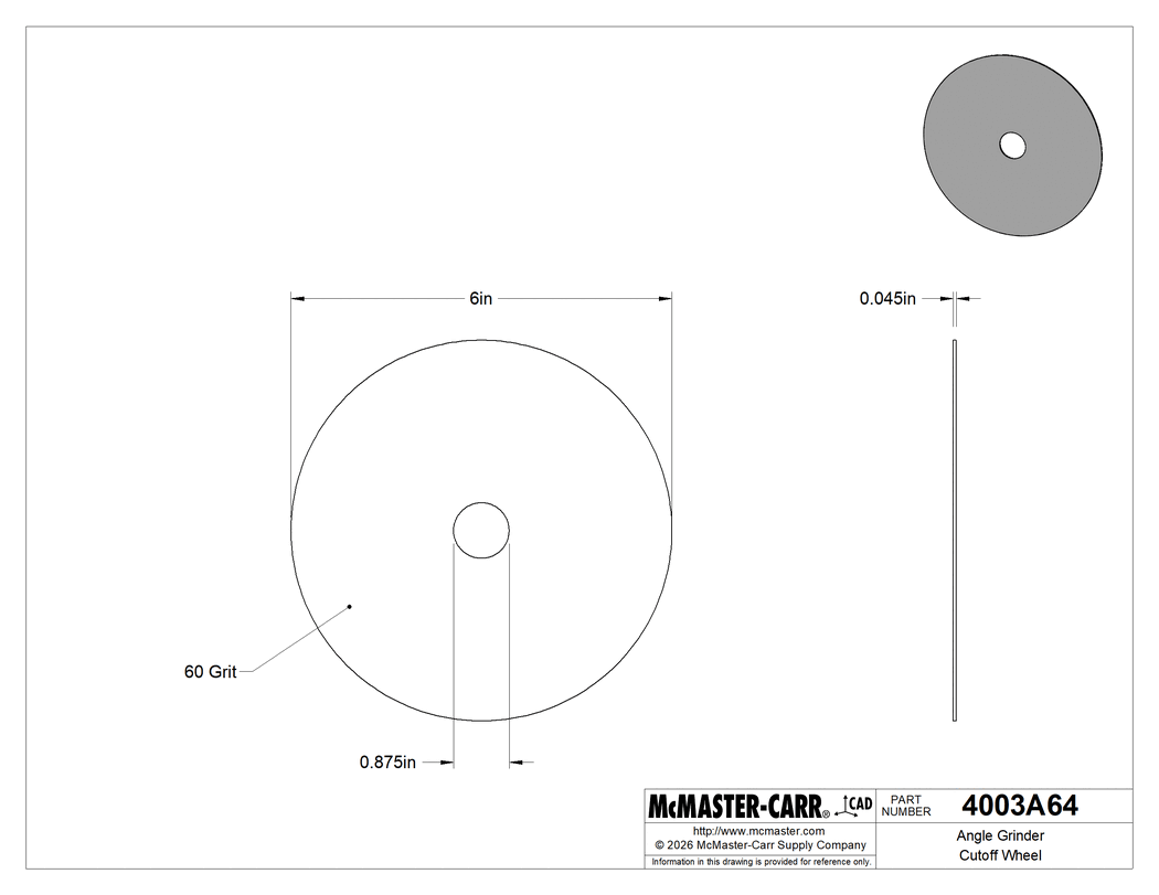 Technical Drawing of Angle Grinder Cutoff Wheel, for Metal, 6" Diameter, 0.045" Thick, 10000 rpm Maximum Speed.